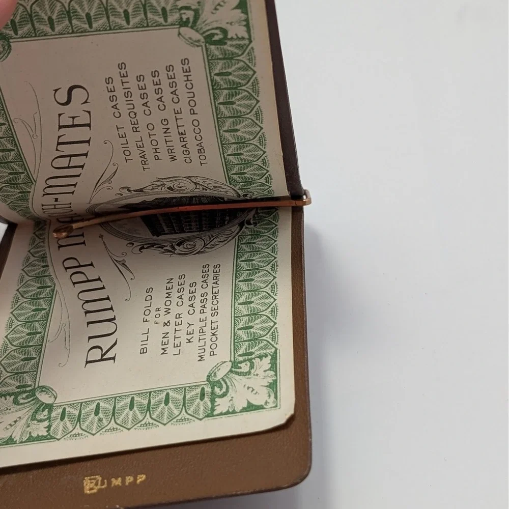 VTG Rumpp Brown Leather Billfold Wallet Match-Mates Dollar Bill Ads Gold Frame